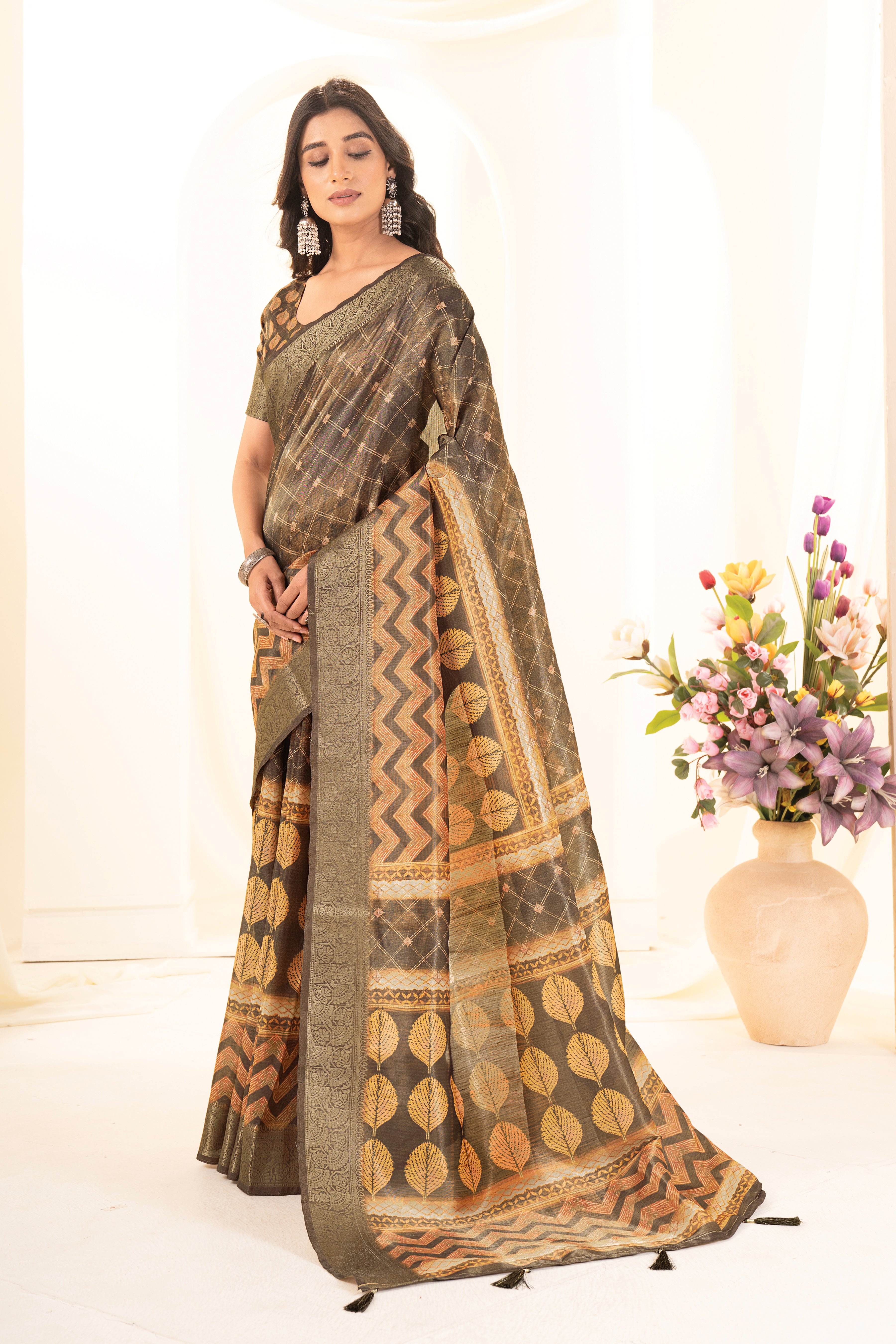 Green Orange Tussar Silk Ajrak Saree